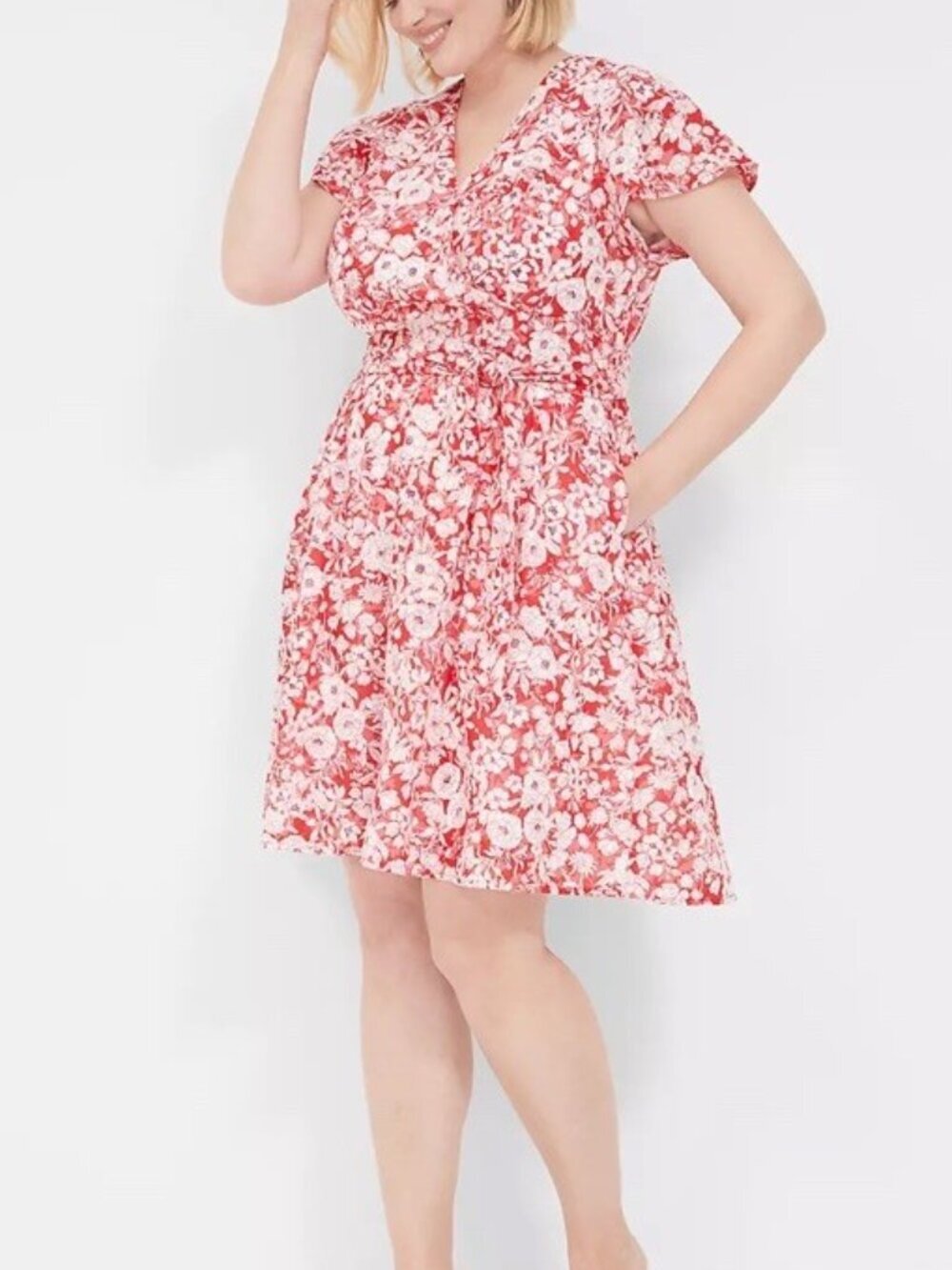 Lane Bryant Surplice Mock Wrap Red Floral Dress Size 22 Women's Plus